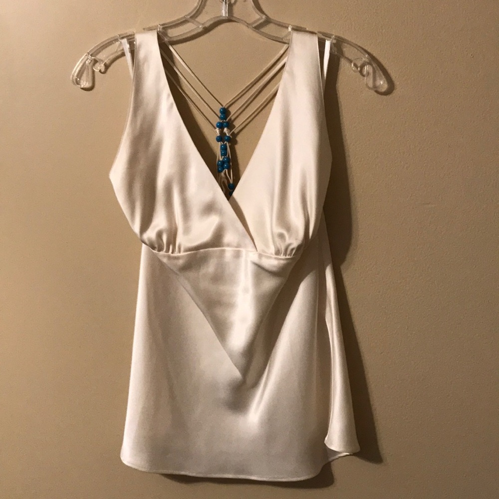 White House Black Market: silk deep V top w/beads